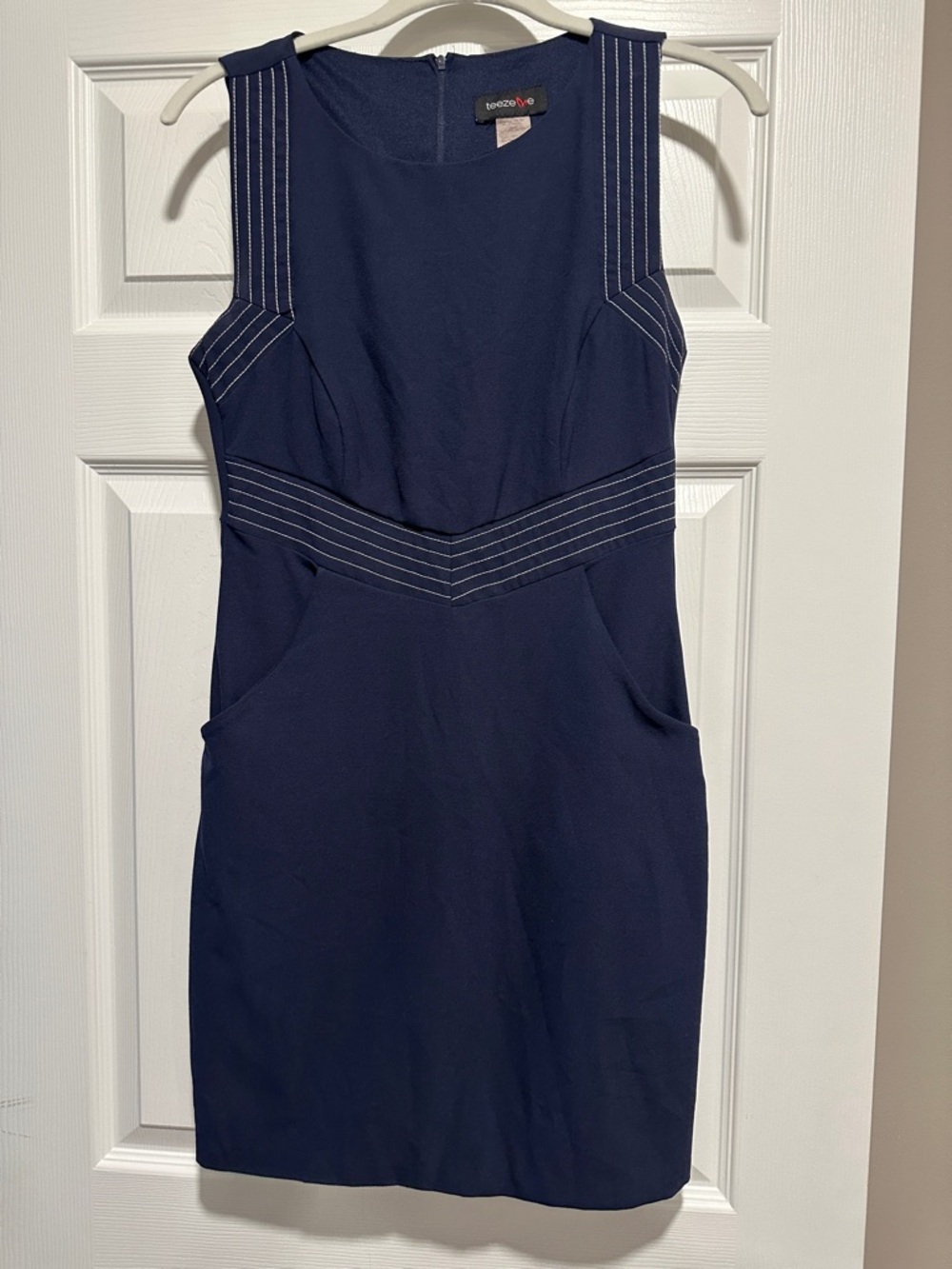 Teeze Me Navy Sleeveless Sheath Dress with Contrast Stitching